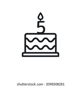 Birthday cake line icon with candle number 5. Vector.