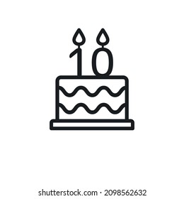 Birthday cake line icon with candle number 10. Vector.