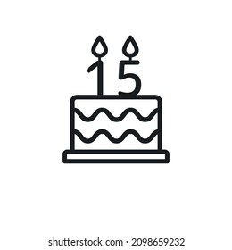 Birthday cake line icon with candle number 15. Vector.