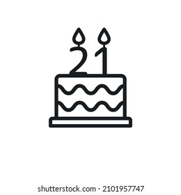 Birthday cake line icon with candle number 21. Vector.