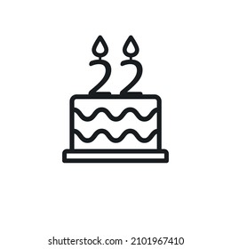 Birthday cake line icon with candle number 22. Vector.