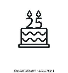 Birthday cake line icon with candle number 25. Vector.