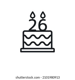 Birthday cake line icon with candle number 26. Vector.