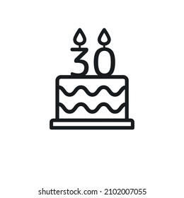 Birthday cake line icon with candle number 30. Vector.