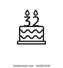 Birthday cake line icon with candle number 32. Vector.
