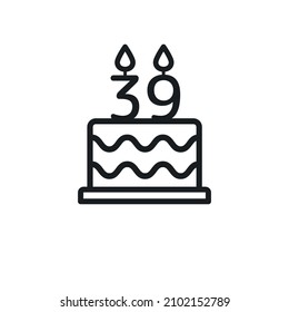 Birthday cake line icon with candle number 39. Vector.