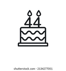 Birthday cake line icon with candle number 44 (forty-four). Vector.