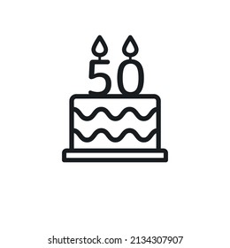 Birthday cake line icon with candle number 50 (fifty). Vector.