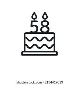 Birthday cake line icon with candle number 58 (fifty-eight). Vector.