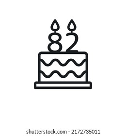 Birthday cake line icon with candle number 82 (eighty-two). Vector.
