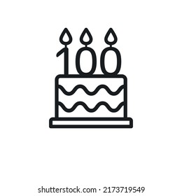 Birthday cake line icon with candle number 100 (one hundred). Vector.