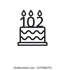 Birthday cake line icon with candle number 102 (one hundred and two). Vector. svg
