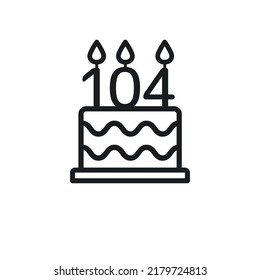 Birthday cake line icon with candle number 104 (one hundred and four). Vector.