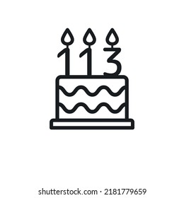 Birthday cake line icon with candle number 113 (one hundred and thirteen). Vector.