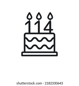 Birthday cake line icon with candle number 114 (one hundred and fourteen). Vector.