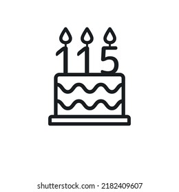 Birthday cake line icon with candle number 115 (one hundred and fifteen). Vector.