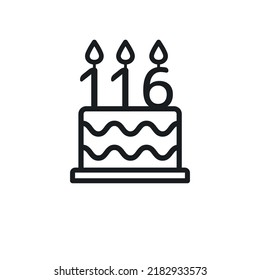 Birthday cake line icon with candle number 116 (one hundred and sixteen). Vector.