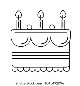 Birthday cake line icon isolated on white background. Vector line icon of decorated birthday cake with candles for infographic, website or app.