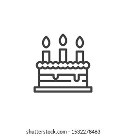 Birthday cake line icon. linear style sign for mobile concept and web design. Cake with three candles outline vector icon. Symbol, logo illustration. Vector graphics