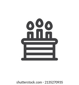 Birthday cake line icon. linear style sign for mobile concept and web design. Cake with three candles outline vector icon. Symbol, logo illustration. Vector graphics