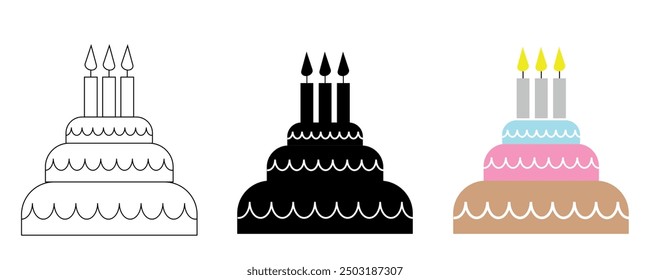 Birthday cake line icon, outline and filed vector sign, pictogram isolated on white. Editable stroke. Pixel perfect.