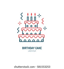 Birthday cake line icon. Vector logo for bakery, party service. Tasty torte thin linear symbol for event agency. Linear illustration of dessert.