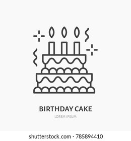 Birthday cake line icon. Vector logo for bakery, party service. Tasty torte thin linear symbol for event agency. Linear illustration of dessert.