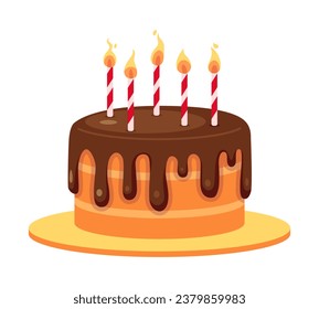 Birthday cake lit candles 2D cartoon object. Happy birthday dessert isolated vector item white background. Cheerful childhood celebration. Brownie chocolate cake color flat spot illustration