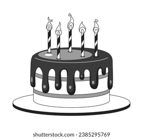Birthday cake lit candles black and white 2D cartoon object. Happy birthday dessert isolated vector outline item. Childhood celebration. Brownie chocolate cake monochromatic flat spot illustration