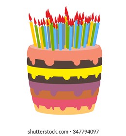 Birthday cake and lots of candles. Burn  lot of candles. Sweetness for holiday. Beautiful confectionary product on white background.
