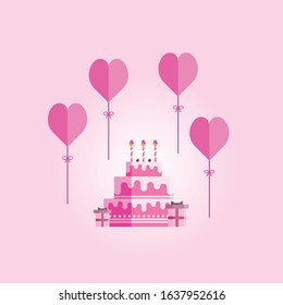 birthday cake with love balloon illustration vector flat design