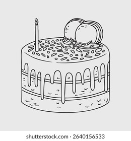 Birthday Cake with Macarons and a Candle. Thin Line Illustration.