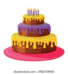 Birthday cake with melting icing and burning candles on serving plate isometric vector illustration. Festive sweet delicious dessert for anniversary holiday celebrate greeting party bakery candy food