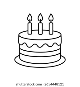 Birthday cake minimal line art vector with three candles, elegant outline dessert illustration for celebration graphics, party invitations, festive packaging, and sweet bakery branding elements