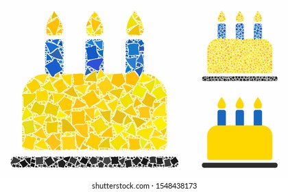 Birthday cake mosaic of humpy elements in variable sizes and color tinges, based on birthday cake icon. Vector rough elements are grouped into illustration.
