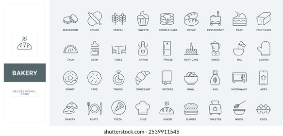 Birthday cake and muffin, bread and donut for breakfast, croissant and biscuit thin black outline symbols vector illustration. Bakery food elements, oven and chefs tools line icons set.