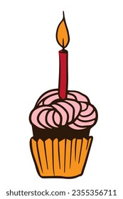 Birthday cake or muffin with candle decoration. Doodle hand drawn cake for birthday, anniversary card, poster, bakery products shop and menu design. Vector illustration.