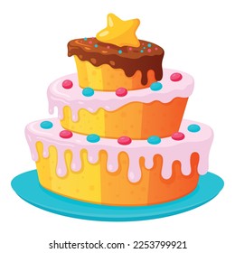 Birthday cake multilayer melting icing pastry with sweet candy confetti and star on serving plate vector flat illustration. Anniversary age celebrate delicious treat food baking cupcake event party