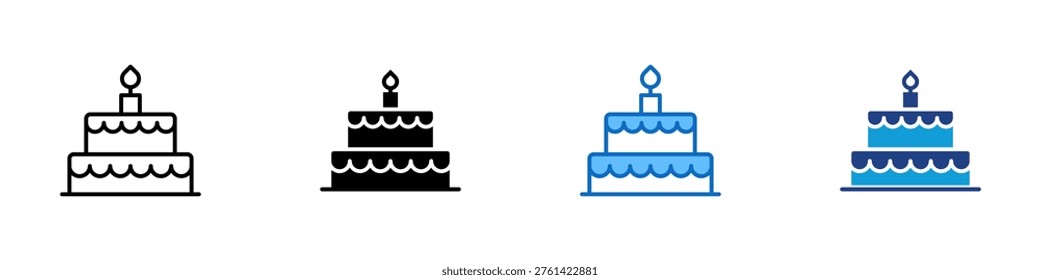 Birthday Cake Multiple Style Icon Design Vector - Layered cake with candle representing birthday celebration, special occasion, and party dessert