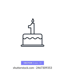 Birthday cake with number 1 icon vector illustration design template. Editable stroke. First anniversary. 