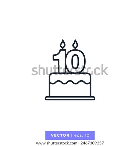 Birthday cake with number 10 icon vector illustration design template. 10th anniversary. Editable stroke.