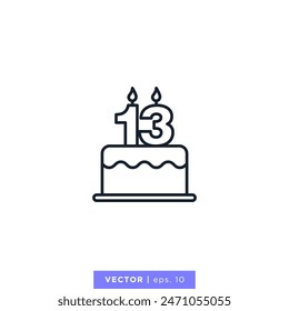 Birthday cake with number 13 icon vector illustration design template. 13th anniversary. Editable stroke.