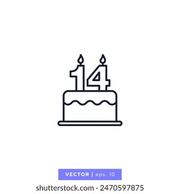 Birthday cake with number 14 icon vector illustration design template. 14th anniversary. Editable stroke.