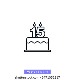 Birthday cake with number 15 icon vector illustration design template. 15th anniversary. Editable stroke.