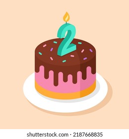 Birthday cake with number 2 candle. Second birthday vector illustration.