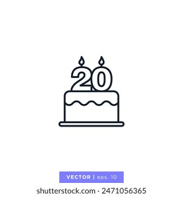 Birthday cake with number 20 icon vector illustration design template. 20th anniversary. Editable stroke.