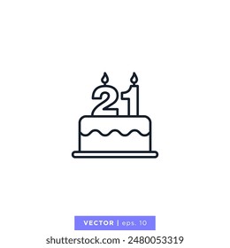 Birthday cake with number 21 icon vector illustration design template. 21st birthday or anniversary. Editable stroke.