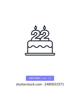 Birthday cake with number 22 icon vector illustration design template. 22nd anniversary or birthday. Editable stroke.