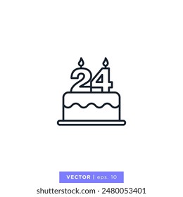 Birthday cake with number 24 icon vector illustration design template. 24th anniversary or birthday. Editable stroke.