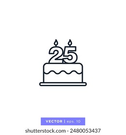 Birthday cake with number 25 icon vector illustration design template. 25th anniversary or birthday. Editable stroke.